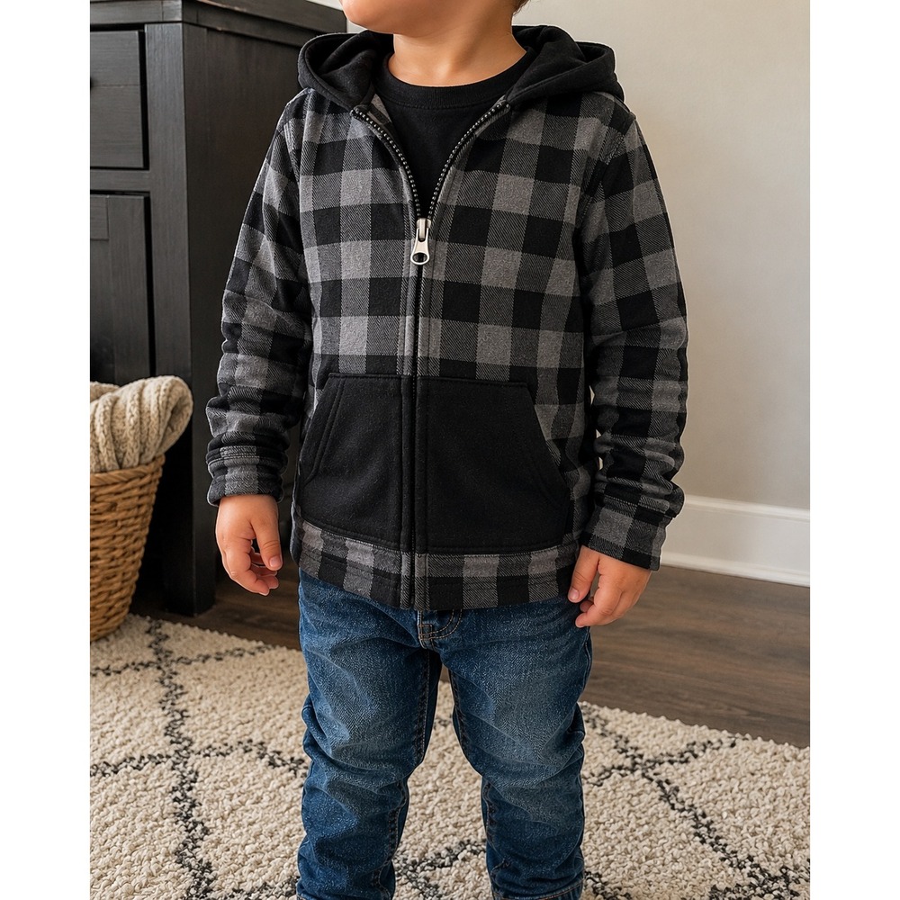 Andy & Evan Hoodie Kids 4T Grey Black Buffalo Plaid Zip Up Flannel‎ Style Jacket
